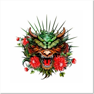 Wonderful colorful dragon head with flowers Posters and Art